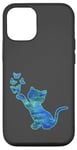 Coque pour iPhone 13 Pro Chat violet bleu cyan et papillon sur fond noir