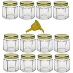 Viva Haushaltswaren G1060047/12/X Lot de 12 Mini Pots de Confiture avec Couvercle doré 47 ML + Entonnoir