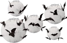 Halloween Party Paper White Lanterns With Bats Hanging Decoration 5 pack