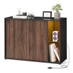 SONGMICS HOME Assemblage Ultra-Rapide sans Outils Toolless, Buffet, Meuble de Rangement, Meuble TV, avec Éclairage et Étagère en Verre, Placard, Minimaliste, Noyer Naturel et Noir Boisé BBK372B01