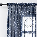 Kotile Blue Moroccan Curtains for Living Room - Metallic Silver Foil Geometric Trellis Pattern Rod Pocket Window Treatment Sheer Curtains 84 Inch Length for Bedroom, 52 x 84 Inches, 2 Panels, Navy