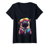 Womens Pug Sunglasses Headphones V-Neck T-Shirt