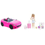 Barbie Convertible 2-Seater Vehicle, Pink Car with Rolling Wheels & Realistic Details & Doll and Accessories, “Malibu” Travel Set