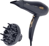 SècheCheveux Professionnel Ionique Moteur AC 2400 W,Générateur d'ions,Diffuseur et Concentrateur,Embout Étroit 6 mm,Noir