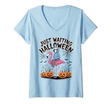 Womens Just Waiting Halloween Flamingo Skeleton Jack-o'-Lant V-Neck T-Shirt