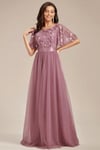 Women's A-Line Short Sleeve Embroidery Floor Length Wedding Guest Dresses