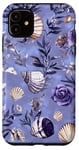 Coque pour iPhone 11 Violet Vintage Floral Coastal Summer Bleu Océan Coquillage