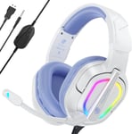 ¿2024 New¿ FC200 Casque Gaming pour PS4/PS5/PC/Xbox/Nintendo Switch, Casque PS5 avec câble et lumière RGB, Casque stéréo Surround avec Micro, Noise Cancelling Gamer Headphones - Blanc Violet