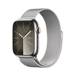 Apple Watch Series 9 [GPS + Cellular 45mm] Unisex Smartwatch with Silver Stainless steel Case with Silver Milanese Loop One Size. Fitness Tracker, Blood Oxygen & ECG Apps, Water Resistant