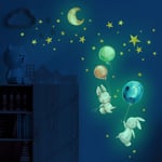 Stickers Muraux Fluorescent Enfants, Lune Étoiles Lapins et Ballons Etoiles Phosphorescentes Plafond Mural Lumineux Autocollants pour Bébé Chambres