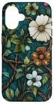 Coque pour iPhone 16 Fond bleu sarcelle avec éléments floraux vintage colorés