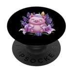 Cochon en style dessin animé kawaii avec lavande et lys PopSockets PopGrip Adhésif