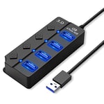 HORJOR Hub USB 3.0 avec Interrupteur Séparé et Voyants LED, 4 Port USB Hub Alimenté Adaptateur pour Transfert Rapide De Données & Charge