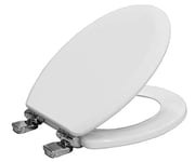 BEMIS Chicago Ultra-Fix White Toilet Seat. Soft Close Toilet Seat with Easy Lift Chrome Plated Hinges. Wooden Toilet Seat with Water Based Paint for Easy Clean, Universal & Easy Installation, White