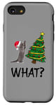 Coque pour iPhone SE (2020) / 7 / 8 Cadeau chat gris poussant l'arbre de Noël au-dessus du chat What? Drôle