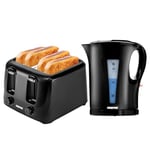 Geepas Cordless Electric Kettle & 4 Slice Bread Toaster Kitchen Combo Set | 1.7L 2200W Fast Boil Kettle |1400W Fast Toaster with 6 Level Browning Control | 2 Year Warranty, Black