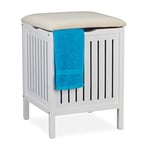 Relaxdays Panier à Linge avec siège, de Style campagnard, Corbeille, Bois et Tissu, Tabouret de Bain HxlxP 55x41x41 cm