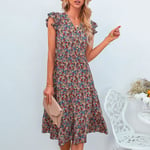 (M-Orange) Women Floral Summer Dress Wrap V Neck Women Summer Mid