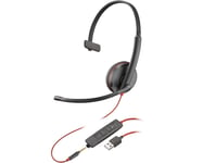 Poly Blackwire 3215 Monaural Usb-A Headset (Volymköp), Kabel, Kontor/Callcenter, 96 G, Headset, Svart, Röd