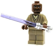 Lego Star Wars toy Mace Windu mini figure with purple lightsaber.