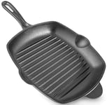 nuovva Pre-Seasoned Cast Iron Griddle Frying Pan - Square Enamelled Grill Pan - 28cm (Black)