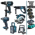 Makita - Pack Power pro 6 outils 18V: DDF458 + DTD152 + DHR202 + DSS610 + DMR108 + Projecteur + 3 batt 5Ah + sac