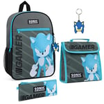 SONIC THE HEDGEHOG Sac à Dos Enfant, Cartable Garcon Primaire CP Sac à Dos 37 cm avec Accessoires Lunch Box Enfant, Trousse, Porte Clef, Idée Cadeau Rentrée Scolaire Ensemble 4 Pièces