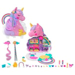 Polly Pocket Coffret 2-en-1 Salon De Coiffure Licorne Arc-en-Ciel avec Tête À Coiffer, Comprend 2 Figurines, Plus 25 Accessoires Et Éléments Mobiles, Jouet pour Enfant de 4 Ans et Plus, HMX18