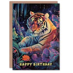 Birthday Card Mystic Tiger Fantasy Flowers Stars Hippy For Him Her Greeting Card