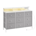 SONGMICS Commode, Meuble de Rangement avec 9 Tiroirs et Éclairage LED, Multiprise, Cadre en Acier, 33,5 x 114 x 84 cm, pour Chambre, Salon, Gris Tourterelle LTS519G01