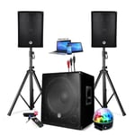 PACK SONO ENCEINTE + SUBWOOFER 1800W USB Bluetooth + PIEDS + CABLES et BOULE LED offerts - PA DJ SONO MIX Soirée disco mobile