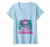 Womens Funny Santa Work Hard Sleigh Hard Sleigher Christmas Cigar V-Neck T-Shirt