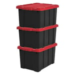 Iris Ohyama, Caisse Rangement avec Couvercle Robuste, 50L, Lot de 3, Rouge, Compact, Durable, Empilable, pour Garage, Etagères, Déménagement, Plastique, Boite a Outils, Bac de Rangement, DDSKT-450