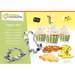 Avenue Mandarine - Ref KC107C - Happy Cakes with Dinosaur Designs - Includes 20-Page Recipe Book for Baking, 2 Metal Cookie Cutters, Baking Roll, 10 Paper Cases & Stickers, Suitable for Ages 5-7+