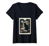 Womens The Hermit Tarot Card Cat Book Mystic Funny Cat Book V-Neck T-Shirt