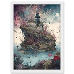 Fantasy World Coastal Island Landscape Nymph House Magical Marine Life Flying Fish Seaweed Cloud Artwork Framed Wall Art Print A4