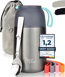 Milu Boîtes Alimentaires Isothermes 450ml I 650ml I 800ml, Boîte Isotherme Repas Chaud Porte-Aliments en Acier Inoxydable à Double Couche, Cuillère Pliante pour Ecole, Bureau (650ml/Gris)