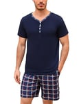 Irdcomps Pyjama Homme Ete Coton Ensembles de Pyjama Court Short à Carreaux Col V à Manches Courtes Vêtements De Nuit Décontracté Été Vêtements de Détente Confortable Bleu Foncé L