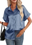 Maeau - Chemise en Satin Blouse Femme Manches Courtes T-Shirt en Satin Soie Top Été Casual Bureau Chemisier Col V S Bleu