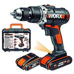 WORX - Perceuse-visseuse sans Fil à percussion - Avec 2 Vitesses Variables - Avec Lumière LED - Livrée avec 2 Batteries 20 V et Coffret de Rangement - 50 Nm -13mm - WORX WX372