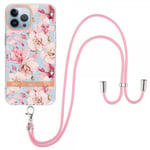 iPhone 15 Pro Max Skal Blommönster med Strap Rosa Gardenia