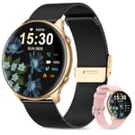 SLOKSFil Montre Connectée Femme Ronde avec Tension Artérielle/Sommeil Moniteur/Cycle Menstruel/Fréquence Cardiaque/Podometre, 1,39" Smartwatch avec Appel Bluetooth pour iOS Android (Noir Rose Or)