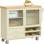 Sobuy - FKW114-MI Desserte de Cuisine sur Roulettes, Îlot Central de Cuisine, Chariot de Cuisine, Buffet avec Plateau en Bois d'Hévéa, 2 Portes, 2