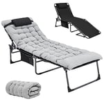 KingCamp Bain de Soleil avec Matelas Couchage en Coton, Chaise Longue Pliante 5 Positions Réglable et Poche Rembourré Charge Max 150kg Lit de Camping en Teslin Pliant pour Patio Jardin Plage Pêche