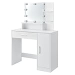 Juskys Coiffeuse Zoey avec éclairage LED, Miroir, tiroir, 3 Compartiments et Armoire, 90 x 38 x 137 cm, Blanc, Bois MDF Coiffeuse Table de Maquillage