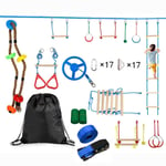 Ninja Warrior Obstacle Course for Kids-Ninja Slackline 50'-The Most Complete Hanging Monkey Bars kit for Kids with Ladder,Swing,Obstacle Net,Have Fun, Keep Fit and Become a Ninja Warrior - Ninja Line