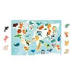 Janod - Puzzle du Monde Magnétique Minikids - 40 Magnets en Bois FSC - 1 Poster - Aimants Animaux - 24 Mois, J05468