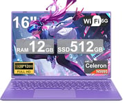 Ordinateur Portable Gaming 16 Pouces 12+512 Go SSD Soutien Extension 1TB (HDD-2TB) 4 cœurs Celeron N5095 (jusqu'à 2,9 GHz)1920x1200 PC Portable Gamer,Laptop avec Écran 2K 2.4+5G WiFi Mini HDMI-Violet