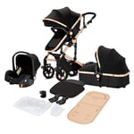 Magic ZC 3 in 1 Pushchair Pram Travel System, Baby Stroller 3 in 1 with Reversible Two Pushing Modes, Newborn Infant Carriage One-Click Folding, Toddler Buggy Aluminum Frame (Black Gold 588)