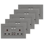 5 Pack CNBINGO Double Switched Socket with 2 USB Charging Ports, 2 Gang 13 Amp Electric Power Socket, Grey PC Plate Wall Outlet